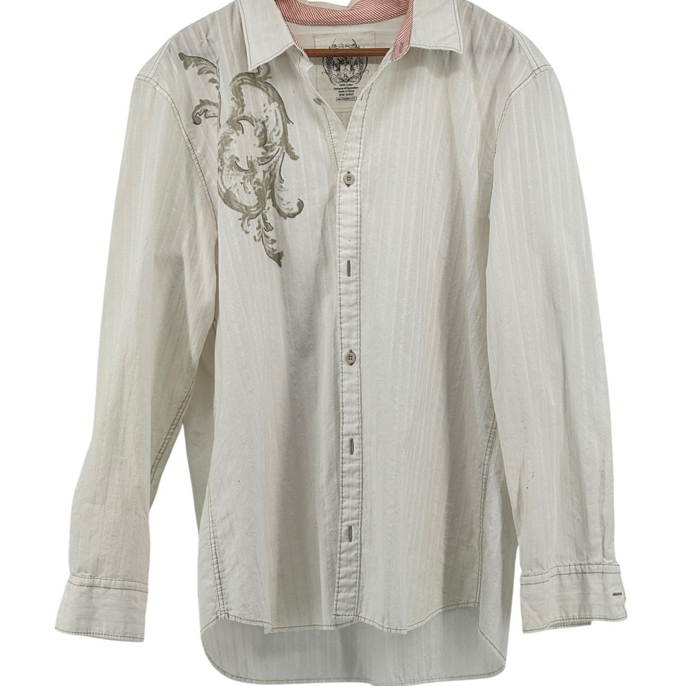 Calvin Klein Men White Graphic Dobby Stripe Long Sleeve Button‎ Shirt XL Edgy